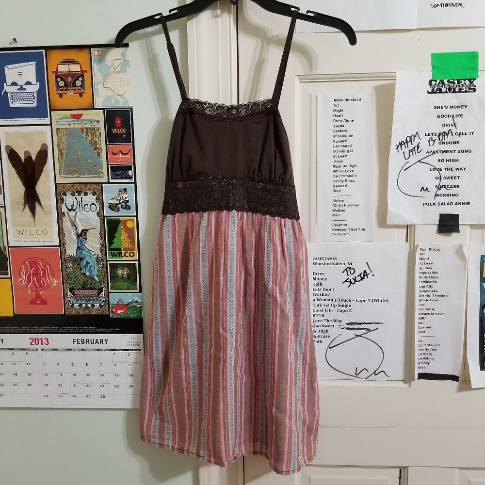 Mossimo dress XS sleeveless striped floral lace trim mini empire tie back boho